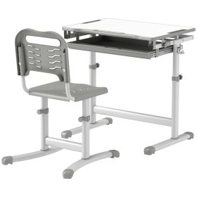 eight Adjustable Kids Desk and Chairs Set with Tilt Desktop, Storage Drawer, Pen Slot, Hook, Gray