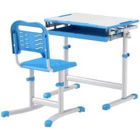 eight Adjustable Kids Desk and Chairs Set with Tilt Desktop, Storage Drawer, Pen Slot, Hook, Blue